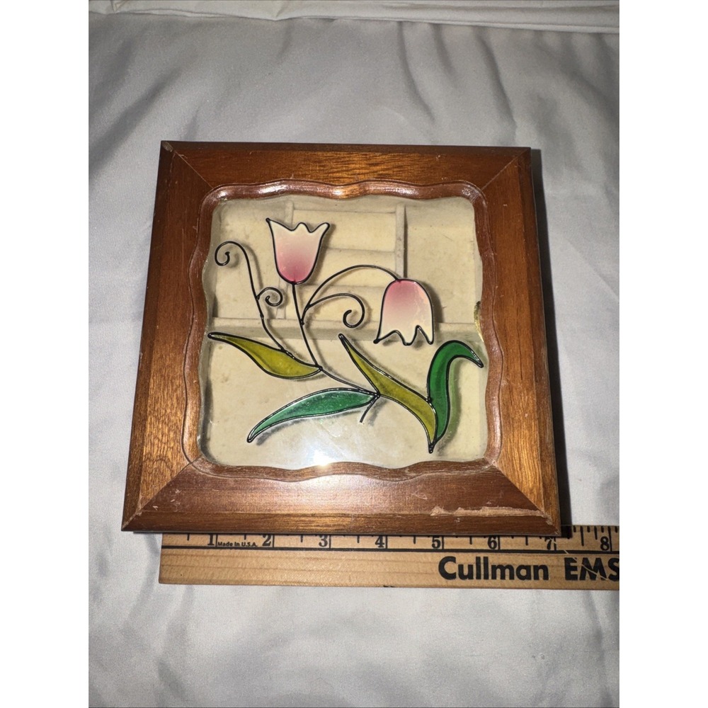 Old Time Vintage Stained‎ Glass Tulip Style Jewelry Wood Used